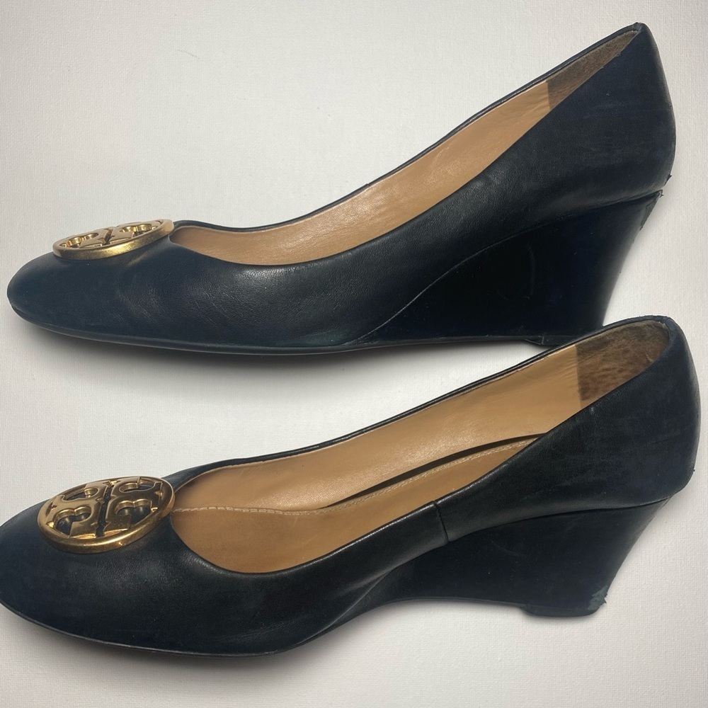 Tory Burch Wedge Heels with Gold Emblems - Picture 2 of 6